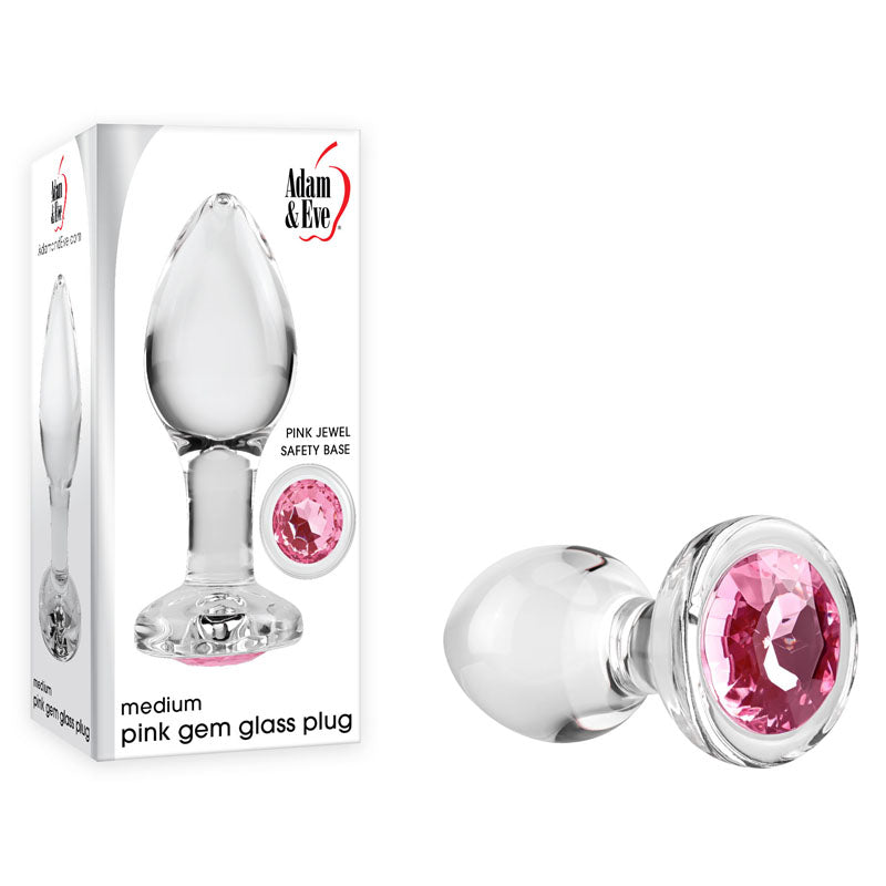 Adam & Eve PINK GEM GLASS PLUG MEDIUM - Clear Glass 8.7 cm Butt Plug with Pink Gem Base