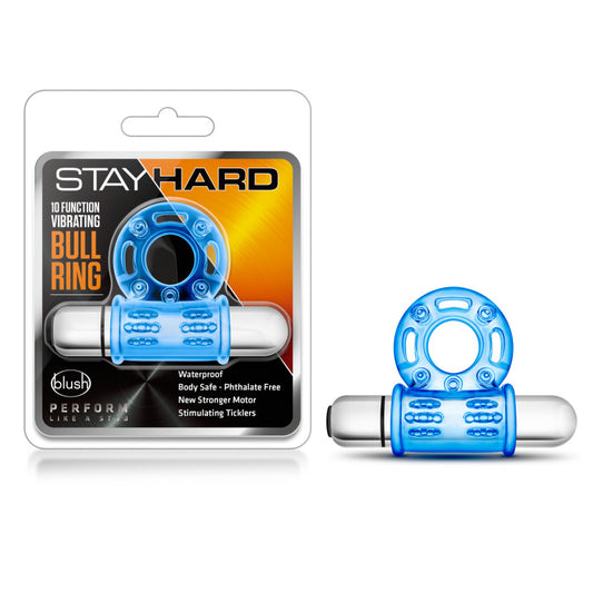 Stay Hard 10-Function Vibrating Bull Ring - Blue Vibrating Cock Ring