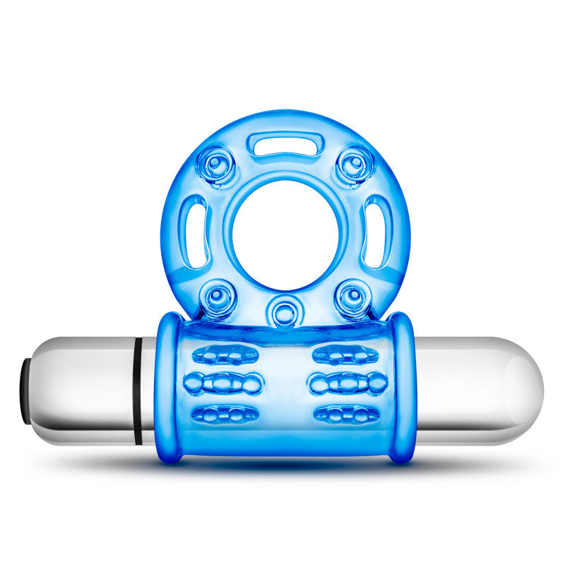 Stay Hard 10-Function Vibrating Bull Ring - Blue Vibrating Cock Ring