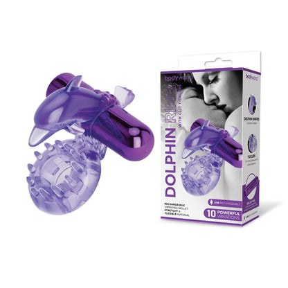 Bodywand Rechargeable Dolphin Ring with Clit Ticklers - Purple USB Rechargeable Vibrating Cock Ring