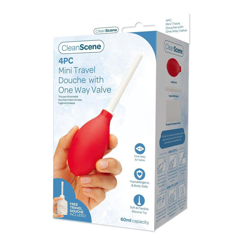 CleanScene 4 Piece Mini Travel Douche with One Way Valve - 60 ml Capacity with Free Travel Douche Included