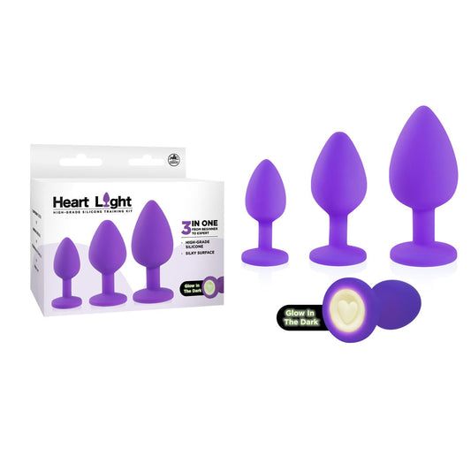 Heart Light - Purple - Purple Butt Plugs with Glow in Dark Bases - Set of 3 Sizes