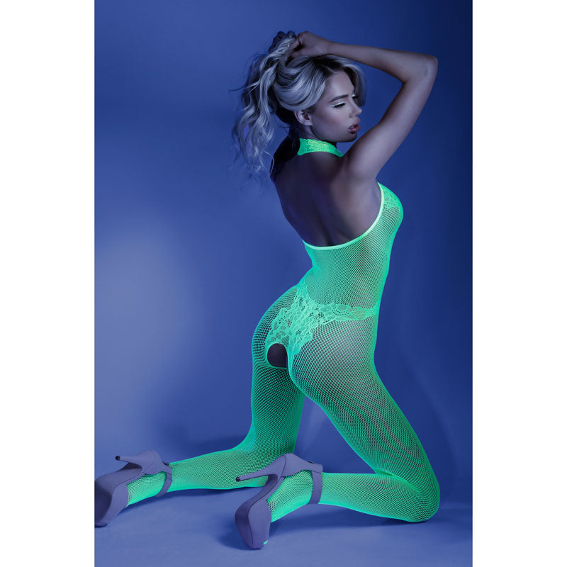 GLOW MOONBEAM Crotchless Bodystocking - Glow in Dark Green - One Size