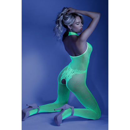 GLOW MOONBEAM Crotchless Bodystocking - Glow in Dark Green - One Size