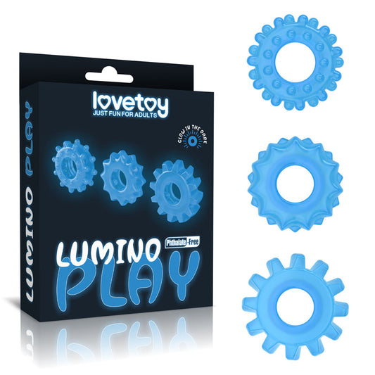 Lumino Play Penis Rings 3 Pack - Glow in the Dark Blue Cock Rings - Set of 3