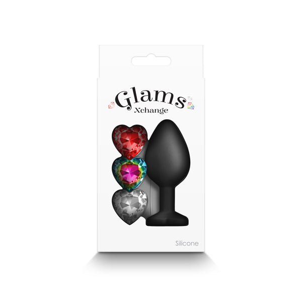 Glams Xchange Heart - Medium - Black Medium Butt Plug with Interchangeable Heart Gems