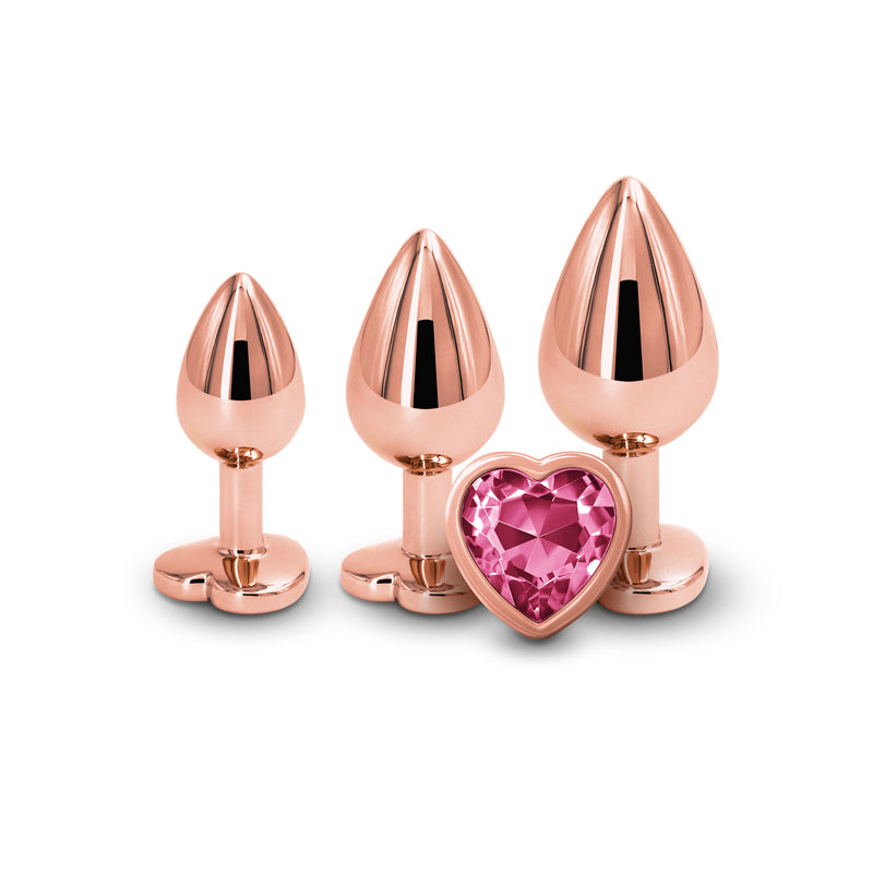 Rear Assets Trainer Kit - Rose Gold - Pink Heart - Rose Gold Metallic Butt Plugs with Pink Hearts - Set of 3 Sizes