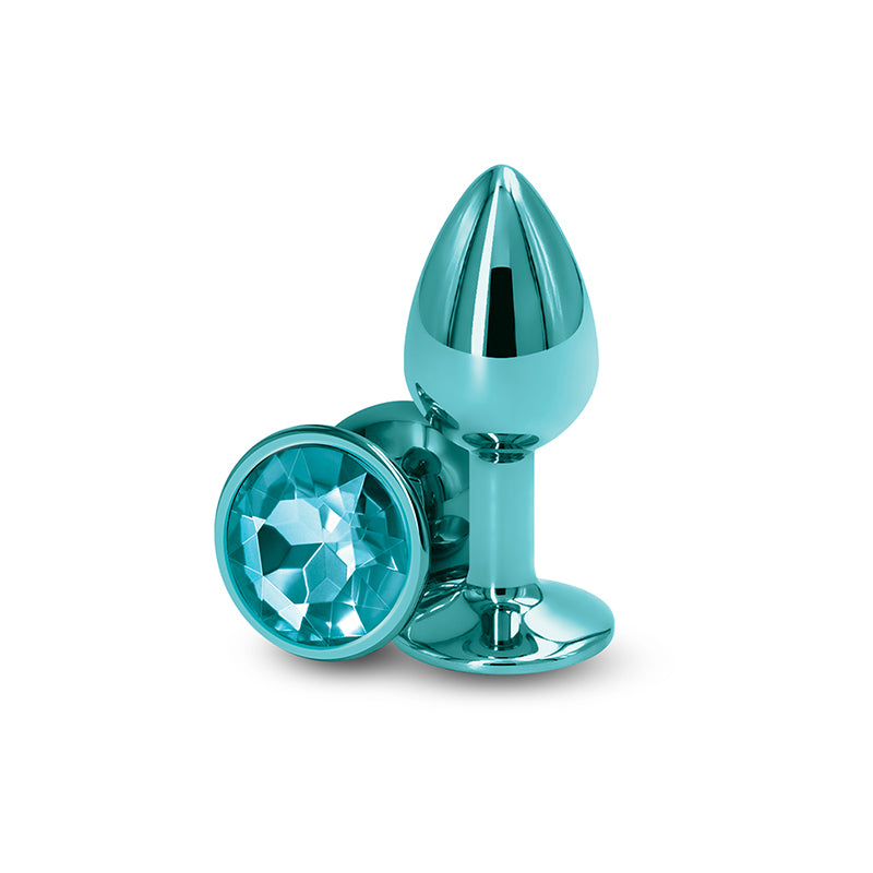 Rear Assets - Small - Teal - Teal 7.1 cm Small Metal Butt Plug with Teal Round Gem Base