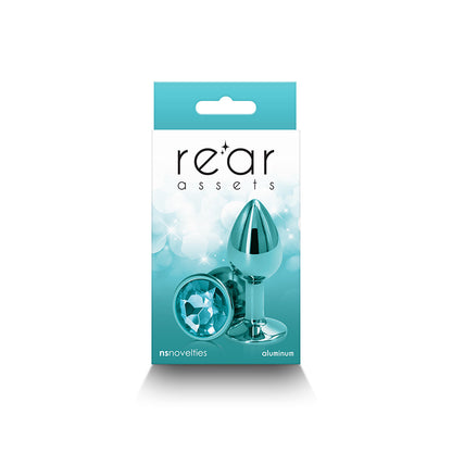 Rear Assets - Small - Teal - Teal 7.1 cm Small Metal Butt Plug with Teal Round Gem Base