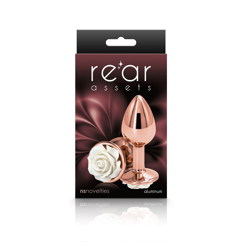 Rear Assets Rose - Small - Rose Gold 7.6 cm Metal Butt Plug with White Rose Base