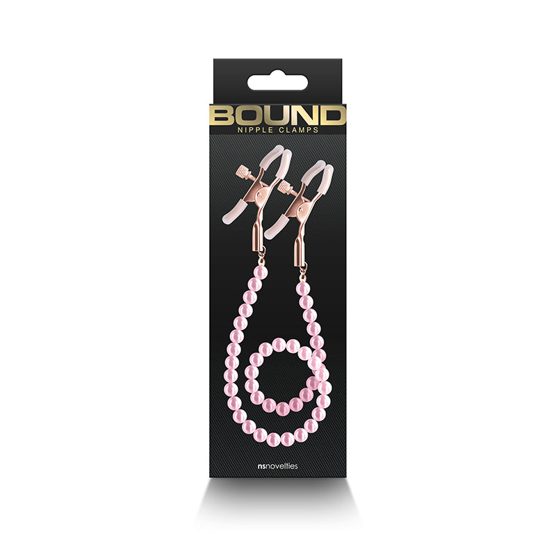 Bound Nipple Clamps - DC1 - Pink - Gold Nipple Clamps with Pink Pearl Chain