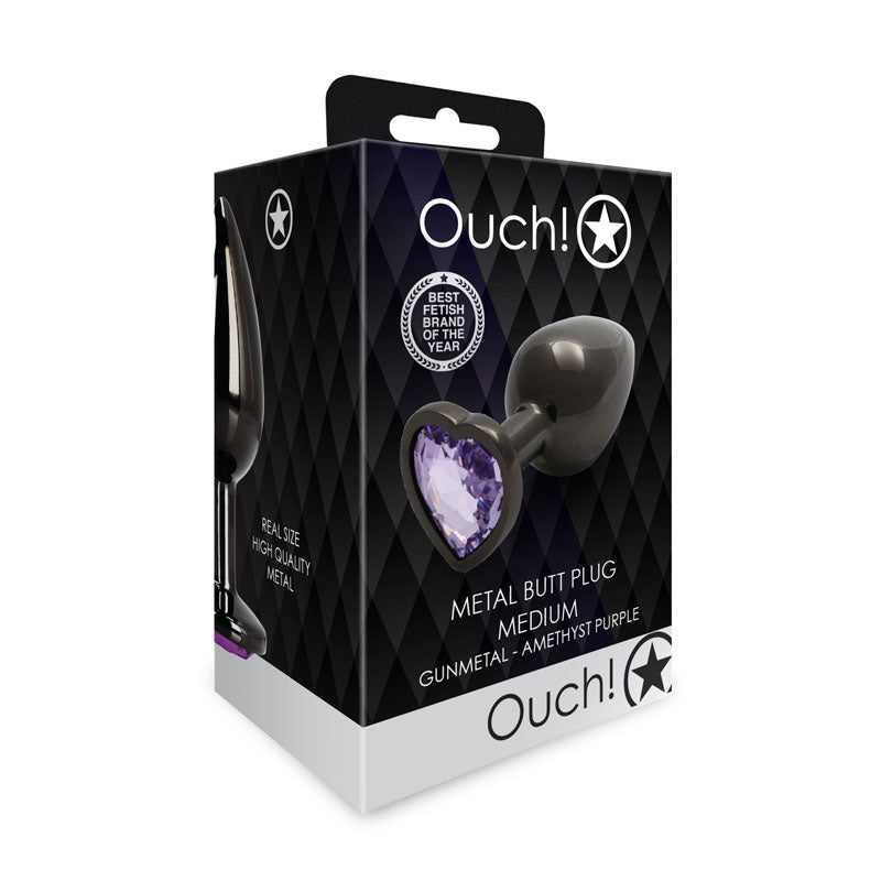 OUCH! Heart Gem Gunmetal Butt Plug - Medium - Gunmetal 8 cm Medium Butt Plug with Heart Gem Base