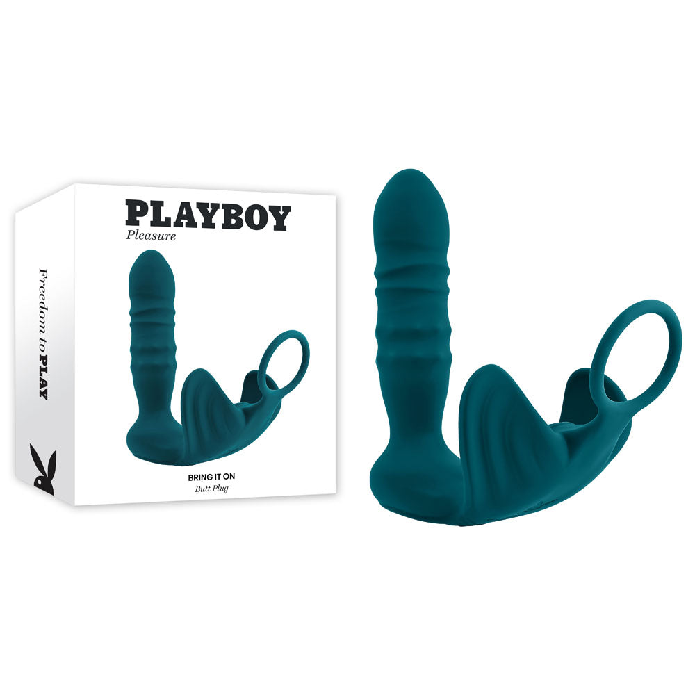 Playboy Pleasure BRING IT ON - Teal USB Rechargeable Thrusting Anal Plug with Cock Ring