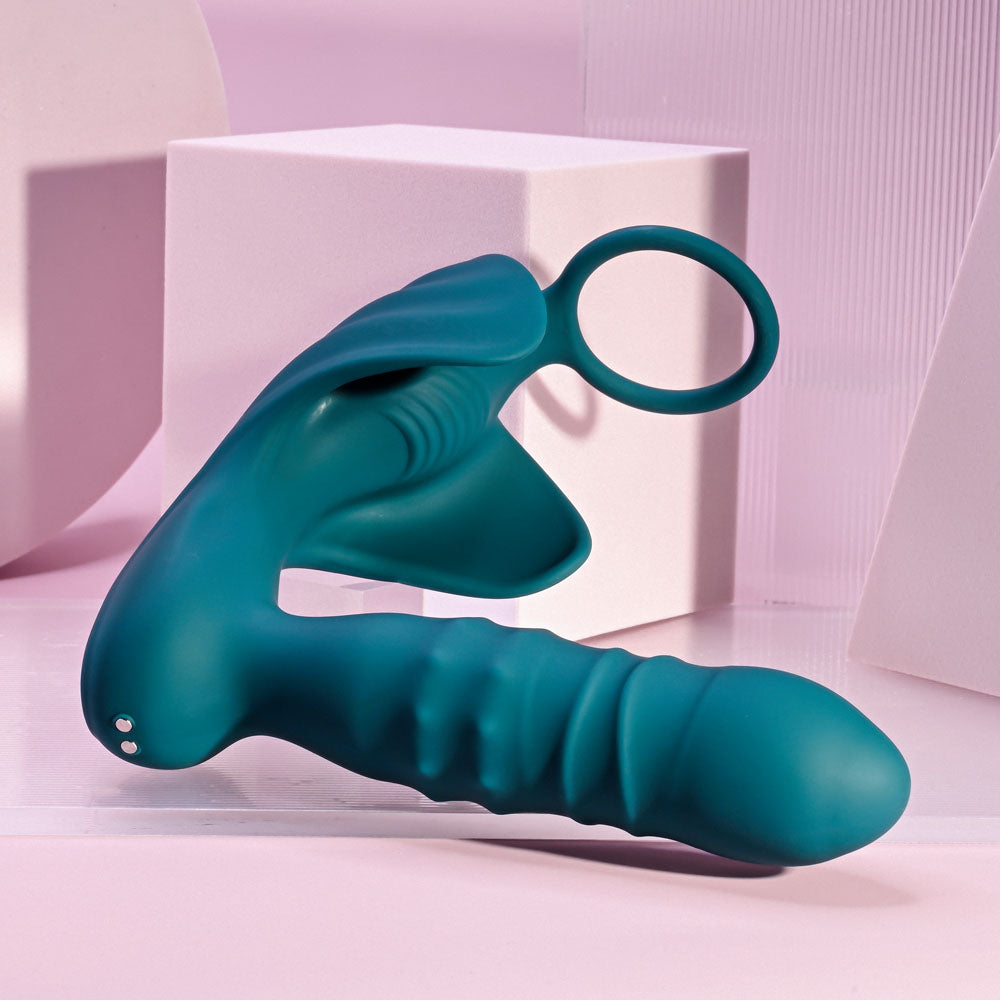 Playboy Pleasure BRING IT ON - Teal USB Rechargeable Thrusting Anal Plug with Cock Ring