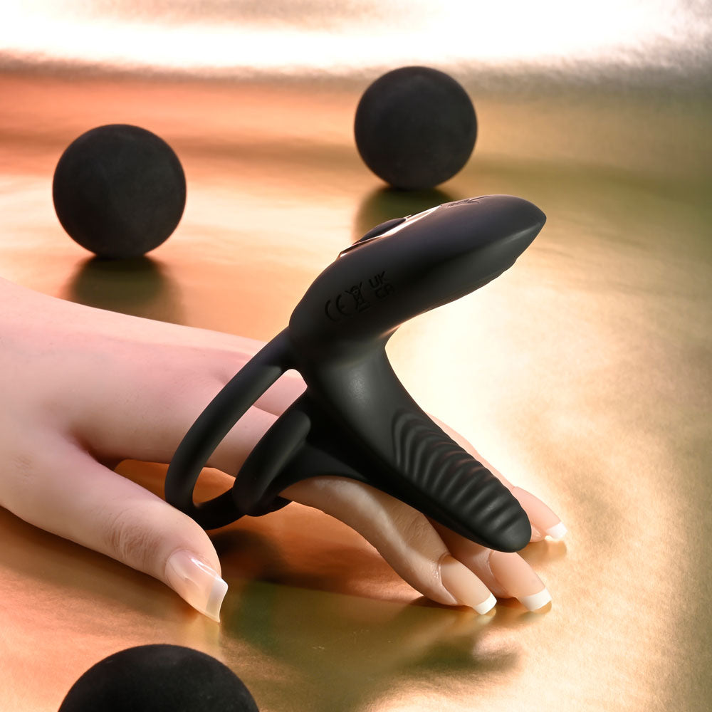 Playboy Pleasure JUST RIGHT - Black USB Rechargeable Vibrating Cock & Balls Rings