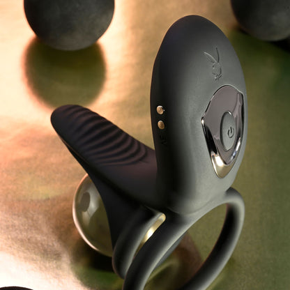 Playboy Pleasure JUST RIGHT - Black USB Rechargeable Vibrating Cock & Balls Rings