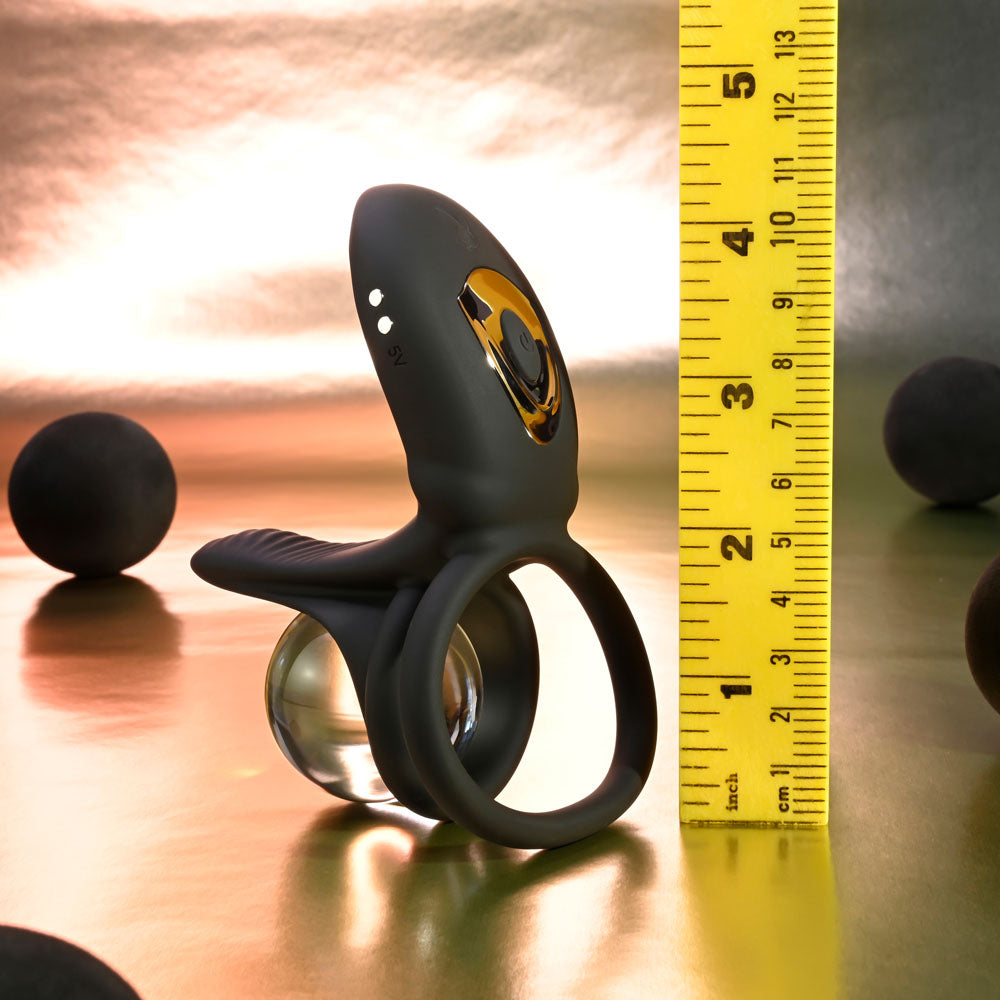 Playboy Pleasure JUST RIGHT - Black USB Rechargeable Vibrating Cock & Balls Rings