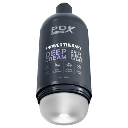 PDX Plus Shower Therapy - Deep Cream - Frosted - Clear Discreet Stroker with Suction Base