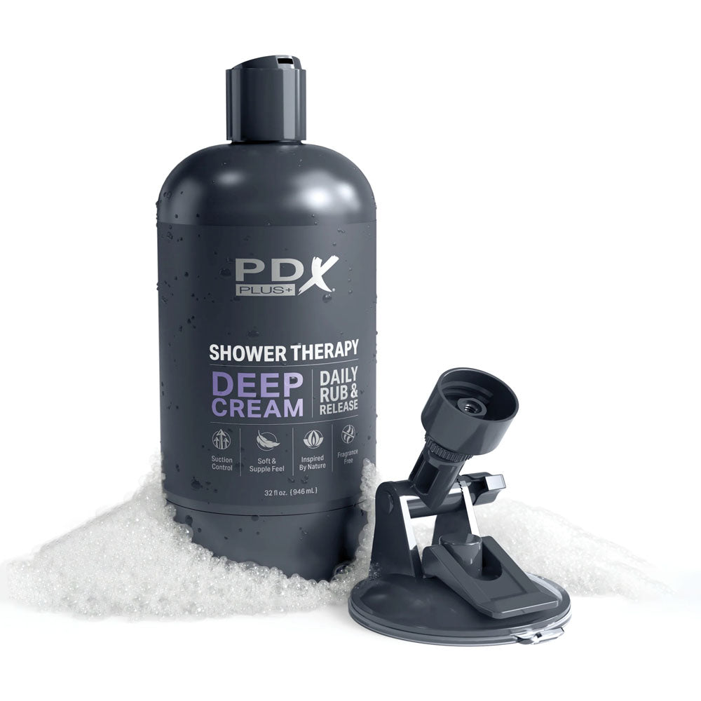 PDX Plus Shower Therapy - Deep Cream - Frosted - Clear Discreet Stroker with Suction Base