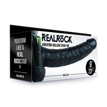 REALROCK Vibrating Hollow Strapon + Balls - 23cm Black - Black 23 cm Vibrating Hollow Strap-On