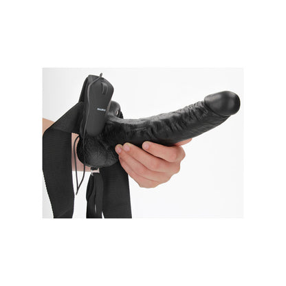 REALROCK Vibrating Hollow Strapon + Balls - 23cm Black - Black 23 cm Vibrating Hollow Strap-On