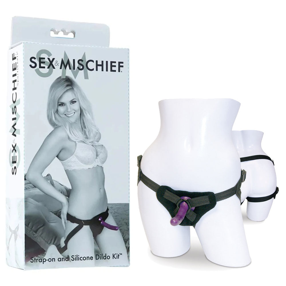 Sex & Mischief Strap-On & Silicone Dildo Kit - Black/Purple Adjustable Strap-On