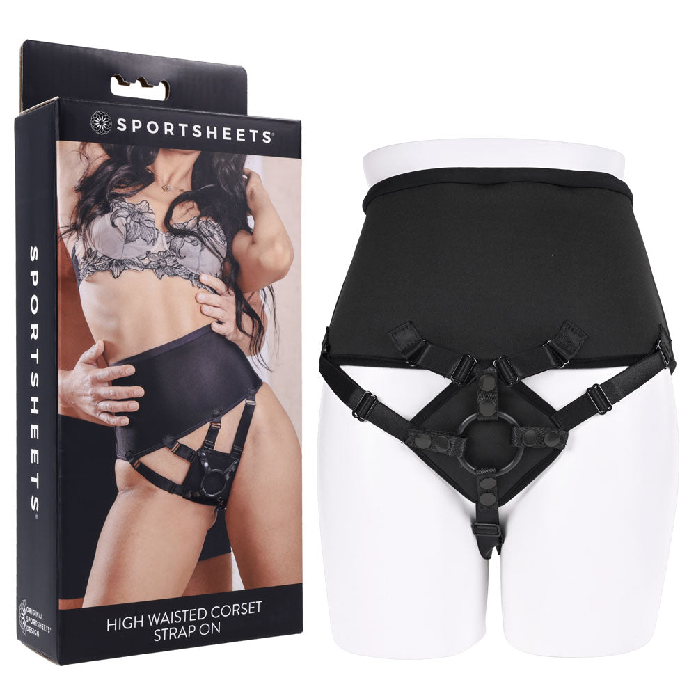 SPORTSHEETS High Waisted Corset Strap On - Black Adjustable Strap-On Harness (No Probe Included)