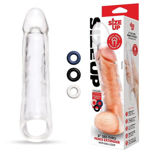 Size Up 3 Inch See-Thru Penis Extender with Ball Loop - Clear 7.6 cm (3'') Penis Extension Sleeve