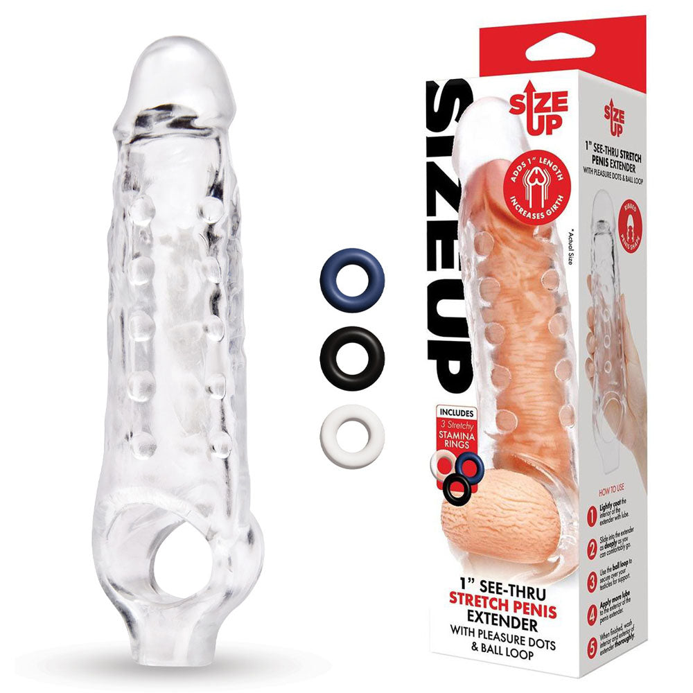 Size Up 1 Inch See-Thru Stretch Penis Extender - Clear 2.5 cm (1'') Penis Extension Sleeve