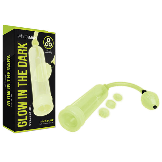 WhipSmart Glow In The Dark Penis Pump - With 3 Piece Cock Ring Set