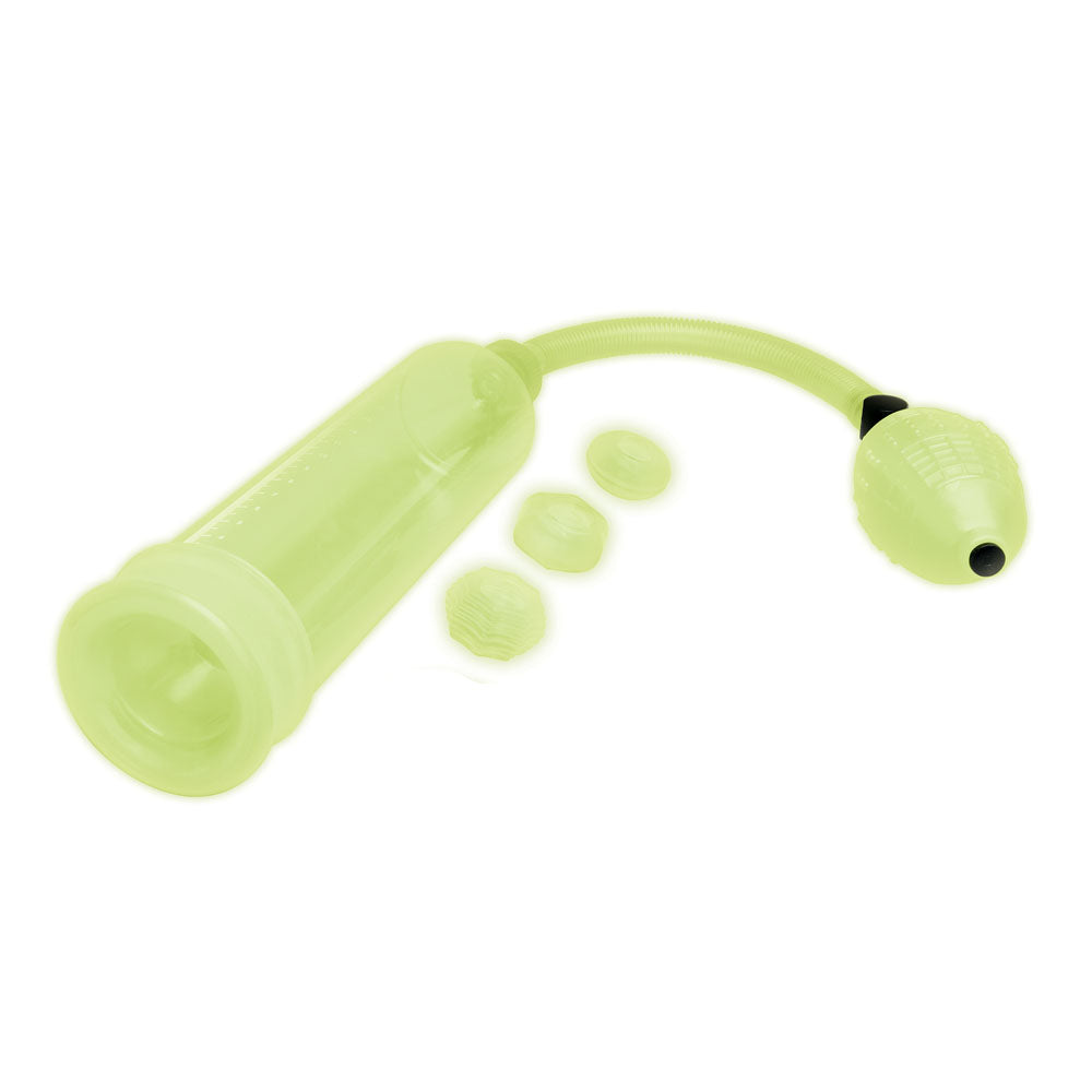 WhipSmart Glow In The Dark Penis Pump - With 3 Piece Cock Ring Set