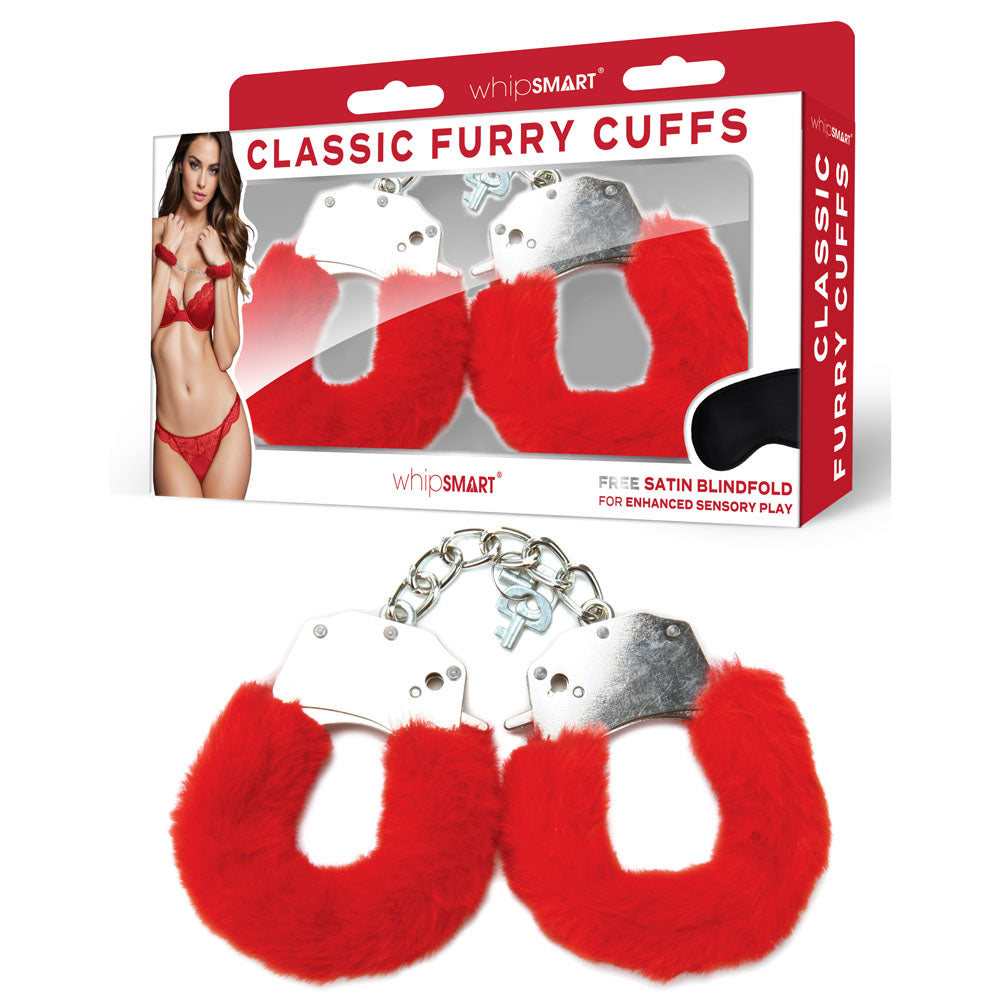 WhipSmart Classic Furry Cuffs - Red - Red Furry Restraints with Bonus Eye Mask